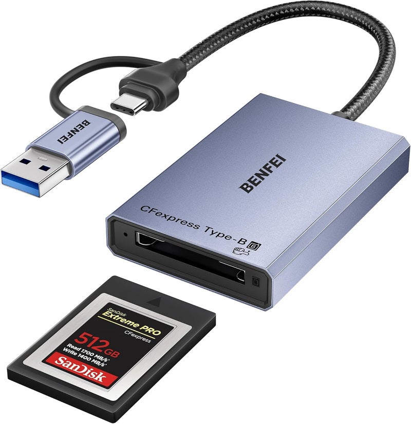 Benfei قارئ بطاقة CFexpress من النوع B مع USB 3.2 (الجيل 2) بسرعة 10Gbps، محول 2 في 1 USB-C وUSB-A، متوافق مع Windows/Mac/Linux/Android (غير متوافق مع بطاقة XQD) - Image 1